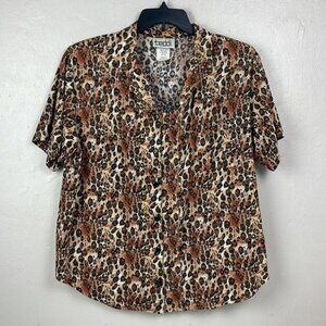 Vtg Teddi Brown Black Leopard Button Top Women's XL short sleeve rayon cotton